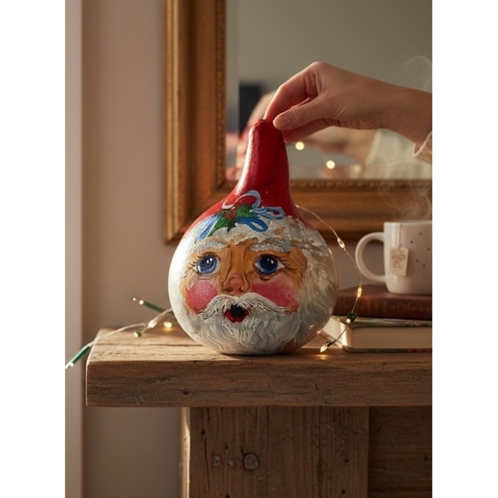 Vintage Hand Painted Santa Gourd Folk Art Signed Primitive Christmas Decor - Picture 3 of 9